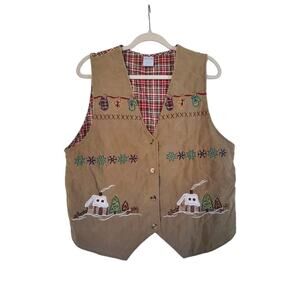 Vintage Holiday Plaid Corduroy Embroidered Cascade Blues Vest, Size Large